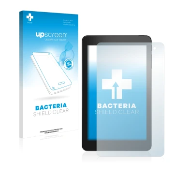 Parte frontal de un envase de producto con el logotipo de la marca upscreen. Al lado se muestra el dispositivo Dell Venue 8 Pr