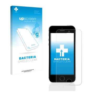 Parte frontal de un envase de producto con el logotipo de la marca upscreen. Al lado se muestra el dispositivo Apple iPhone SE