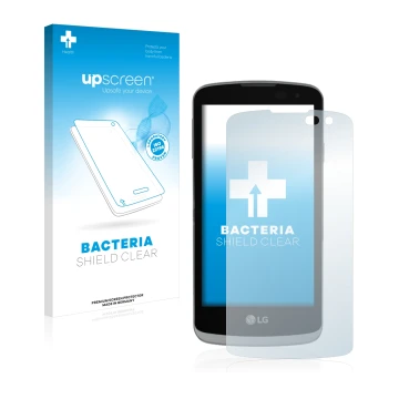 Parte frontal de un envase de producto con el logotipo de la marca upscreen. Al lado se muestra el dispositivo LG Optimus Zone