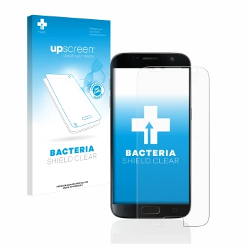 Parte frontal de un envase de producto con el logotipo de la marca upscreen. Al lado se muestra el dispositivo Samsung Galaxy 