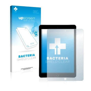 Parte frontal de un envase de producto con el logotipo de la marca upscreen. Al lado se muestra el dispositivo Apple iPad Pro 