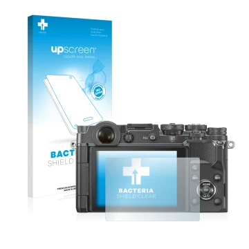 Parte frontal de un envase de producto con el logotipo de la marca upscreen. Al lado se muestra el dispositivo Olympus PEN-F c