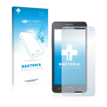 Parte frontal de un envase de producto con el logotipo de la marca upscreen. Al lado se muestra el dispositivo Samsung Galaxy 