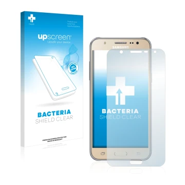 Parte frontal de un envase de producto con el logotipo de la marca upscreen. Al lado se muestra el dispositivo Samsung Galaxy 