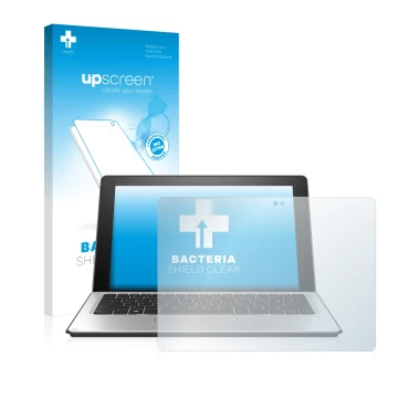 Parte frontal de un envase de producto con el logotipo de la marca upscreen. Al lado se muestra el dispositivo HP Elite x2 101