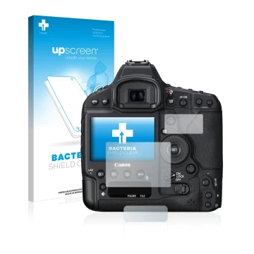 Parte frontal de un envase de producto con el logotipo de la marca upscreen. Al lado se muestra el dispositivo Canon EOS 1D X 