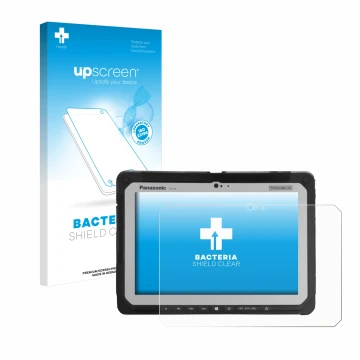 Parte frontal de un envase de producto con el logotipo de la marca upscreen. Al lado se muestra el dispositivo Panasonic Tough
