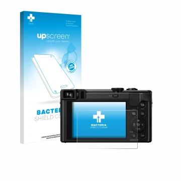 Parte frontal de un envase de producto con el logotipo de la marca upscreen. Al lado se muestra el dispositivo Panasonic Lumix