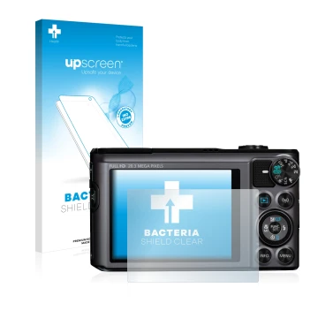 Parte frontal de un envase de producto con el logotipo de la marca upscreen. Al lado se muestra el dispositivo Canon PowerShot