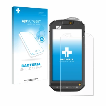 Parte frontal de un envase de producto con el logotipo de la marca upscreen. Al lado se muestra el dispositivo Caterpillar Cat