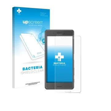 Parte frontal de un envase de producto con el logotipo de la marca upscreen. Al lado se muestra el dispositivo Sony Xperia X P