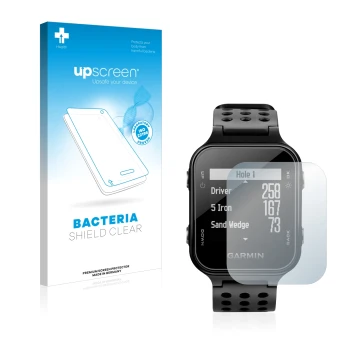 Parte frontal de un envase de producto con el logotipo de la marca upscreen. Al lado se muestra el dispositivo Garmin Approach