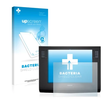 Parte frontal de un envase de producto con el logotipo de la marca upscreen. Al lado se muestra el dispositivo Wacom Intuos 3 