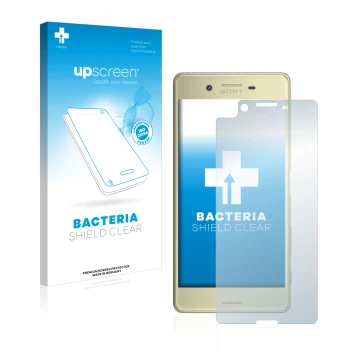 Parte frontal de un envase de producto con el logotipo de la marca upscreen. Al lado se muestra el dispositivo Sony Xperia X c