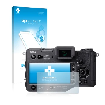 Parte frontal de un envase de producto con el logotipo de la marca upscreen. Al lado se muestra el dispositivo Sigma SD Quattr