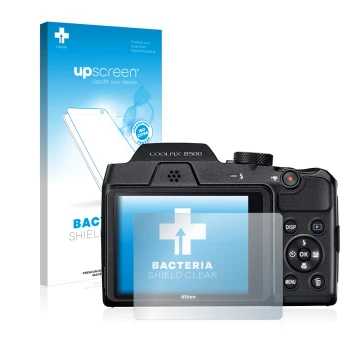 Parte frontal de un envase de producto con el logotipo de la marca upscreen. Al lado se muestra el dispositivo Nikon Coolpix B