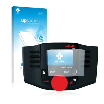 Parte frontal de un envase de producto con el logotipo de la marca upscreen. Al lado se muestra el dispositivo Märklin Mobile 