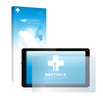 Parte frontal de un envase de producto con el logotipo de la marca upscreen. Al lado se muestra el dispositivo GoClever Quantu