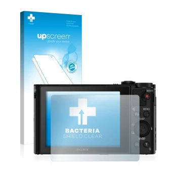 Parte frontal de un envase de producto con el logotipo de la marca upscreen. Al lado se muestra el dispositivo Sony Cyber-Shot