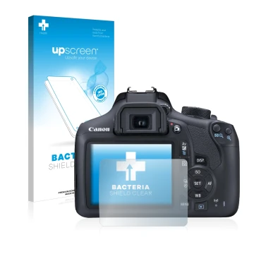 Parte frontal de un envase de producto con el logotipo de la marca upscreen. Al lado se muestra el dispositivo Canon EOS 1300D