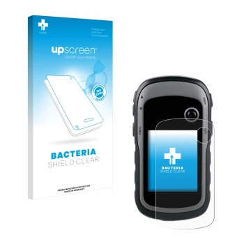 Parte frontal de un envase de producto con el logotipo de la marca upscreen. Al lado se muestra el dispositivo Garmin eTrex 30