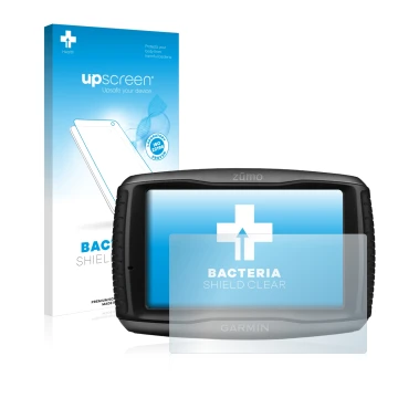 Parte frontal de un envase de producto con el logotipo de la marca upscreen. Al lado se muestra el dispositivo Garmin zumo 595