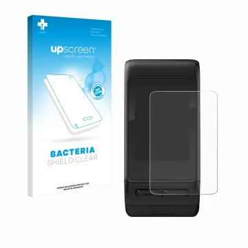 Parte frontal de un envase de producto con el logotipo de la marca upscreen. Al lado se muestra el dispositivo Garmin vivoacti