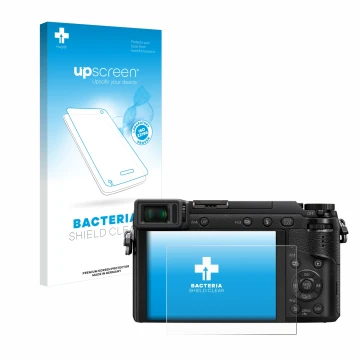 Parte frontal de un envase de producto con el logotipo de la marca upscreen. Al lado se muestra el dispositivo Panasonic Lumix