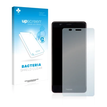 Parte frontal de un envase de producto con el logotipo de la marca upscreen. Al lado se muestra el dispositivo Honor V8 con su