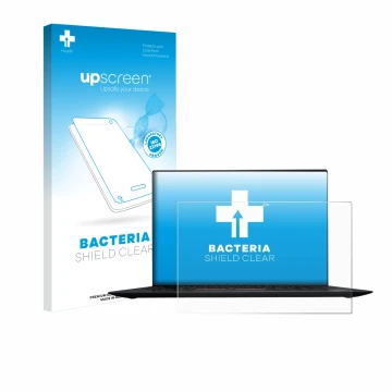 Parte frontal de un envase de producto con el logotipo de la marca upscreen. Al lado se muestra el dispositivo Lenovo ThinkPad
