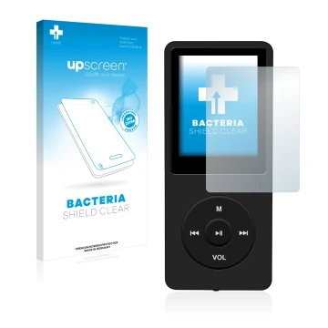 Parte frontal de un envase de producto con el logotipo de la marca upscreen. Al lado se muestra el dispositivo AGPtek 8GB MP3-