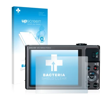 Parte frontal de un envase de producto con el logotipo de la marca upscreen. Al lado se muestra el dispositivo Canon PowerShot