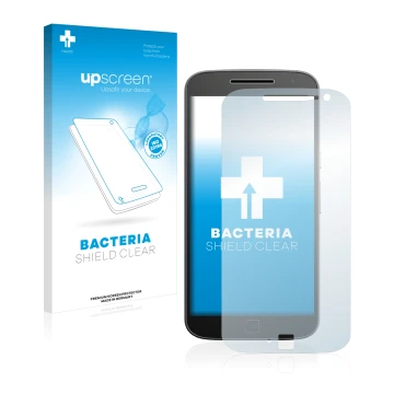 Parte frontal de un envase de producto con el logotipo de la marca upscreen. Al lado se muestra el dispositivo Motorola Moto G