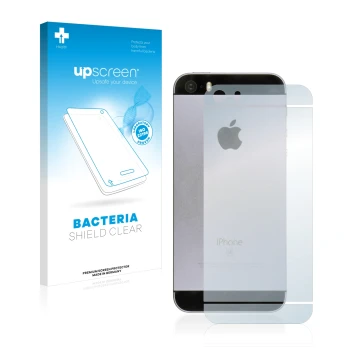 Parte frontal de un envase de producto con el logotipo de la marca upscreen. Al lado se muestra el dispositivo Apple iPhone SE