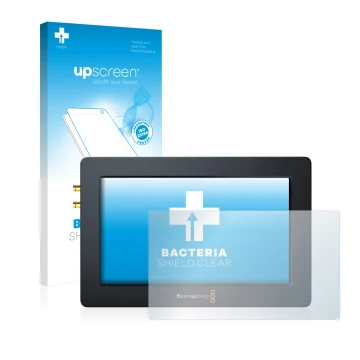 Parte frontal de un envase de producto con el logotipo de la marca upscreen. Al lado se muestra el dispositivo Blackmagic Desi