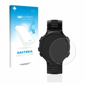 Parte frontal de un envase de producto con el logotipo de la marca upscreen. Al lado se muestra el dispositivo Garmin Forerunn