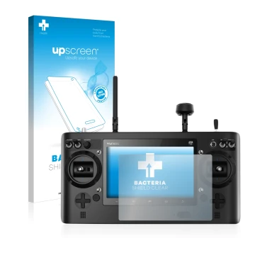 Parte frontal de un envase de producto con el logotipo de la marca upscreen. Al lado se muestra el dispositivo Yuneec ST16 con