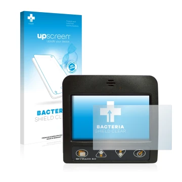 Parte frontal de un envase de producto con el logotipo de la marca upscreen. Al lado se muestra el dispositivo Skytraxx 3.0 Va