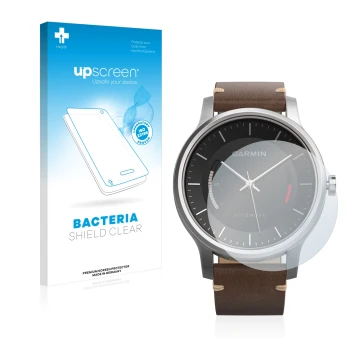 Parte frontal de un envase de producto con el logotipo de la marca upscreen. Al lado se muestra el dispositivo Garmin vivomove