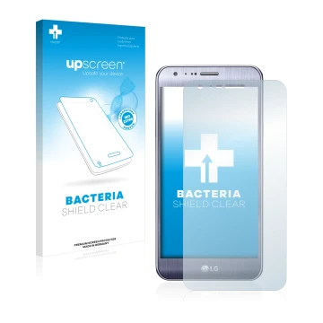 Parte frontal de un envase de producto con el logotipo de la marca upscreen. Al lado se muestra el dispositivo LG X Mach con s