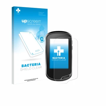 Parte frontal de un envase de producto con el logotipo de la marca upscreen. Al lado se muestra el dispositivo Garmin Oregon 7