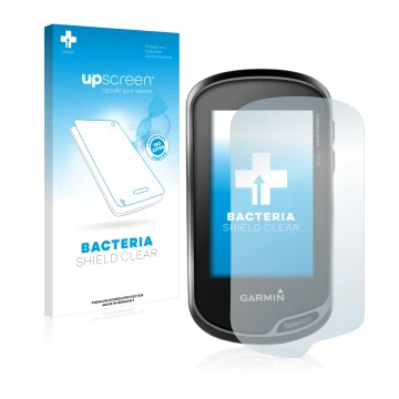 Parte frontal de un envase de producto con el logotipo de la marca upscreen. Al lado se muestra el dispositivo Garmin Oregon 7