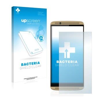 Parte frontal de un envase de producto con el logotipo de la marca upscreen. Al lado se muestra el dispositivo ZTE Axon 7 con 
