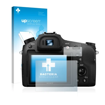 Parte frontal de un envase de producto con el logotipo de la marca upscreen. Al lado se muestra el dispositivo Sony Cyber-Shot