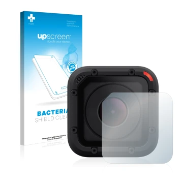 Parte frontal de un envase de producto con el logotipo de la marca upscreen. Al lado se muestra el dispositivo GoPro Hero Sess