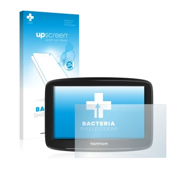 Parte frontal de un envase de producto con el logotipo de la marca upscreen. Al lado se muestra el dispositivo TomTom Start 52