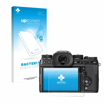 Parte frontal de un envase de producto con el logotipo de la marca upscreen. Al lado se muestra el dispositivo Fujifilm X-T2 c