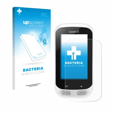 Parte frontal de un envase de producto con el logotipo de la marca upscreen. Al lado se muestra el dispositivo Garmin Edge Exp