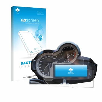 Parte frontal de un envase de producto con el logotipo de la marca upscreen. Al lado se muestra el dispositivo BMW R 1200 GS K