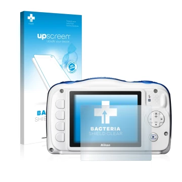 Parte frontal de un envase de producto con el logotipo de la marca upscreen. Al lado se muestra el dispositivo Nikon Coolpix W